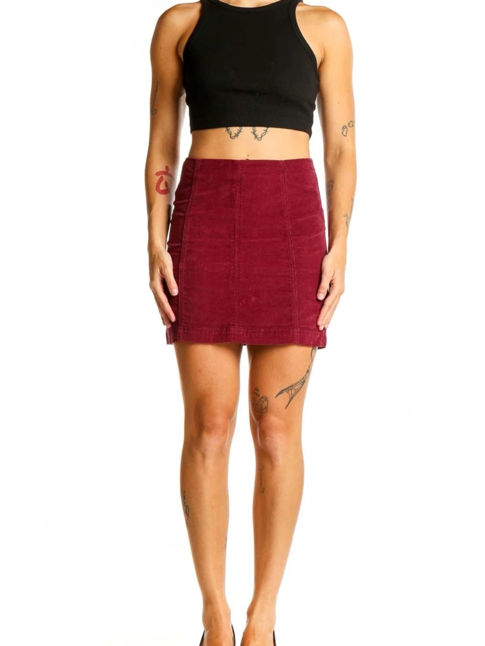 Free People Burgundy Corduroy High Rise Mini Skirt Size 12 Back Zip